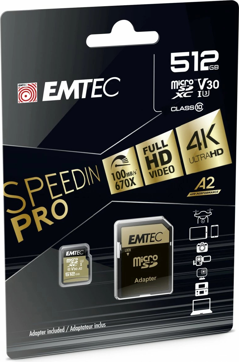 Kartica MicroSDXC 512 GB, EMTEC ECMSDM512GXC10SP, Class 10 UHS-I A2, črno/ zlata
