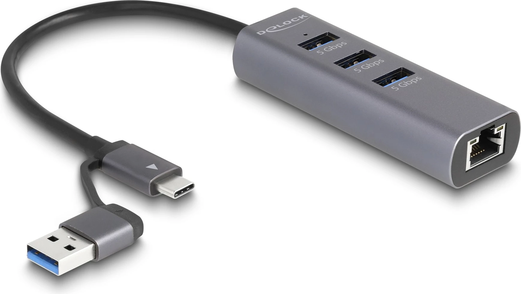 USB razdelilec s 3 vrati in LAN DeLOCK, USB 3.2 Gen 1, Type-C/Type-A, 5 Gbps, kovinski, sivi