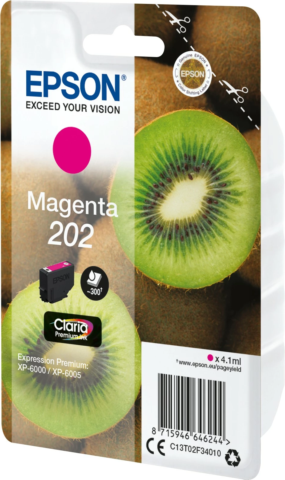 Črnilo magenta, standardna zmogljivost, 4,1 ml — Epson Claria Premium 202 (Singlepack Kiwi)