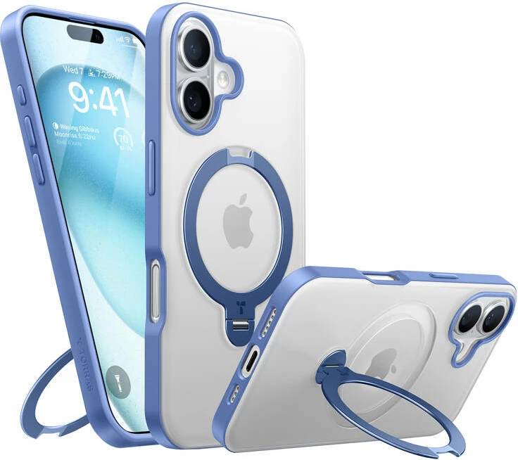 Ovitek s prstanom Torras Ostand Spin za iPhone 16, moder