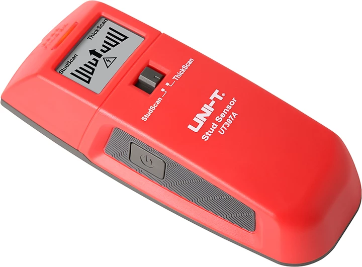 Stenski detektor, UNI-T UT387A, dva načina StudScan/ThickScan, odkrivanje lesa/kovine do 28,5 mm in električnih kablov do 50 mm, rdeče-siv