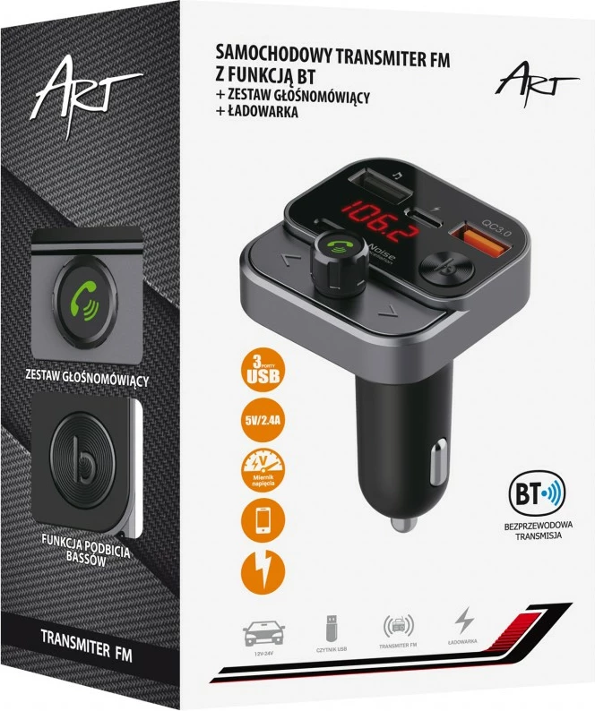 FM predvajalnik za avto ART MP3TR FM-84B, Bluetooth, USB QC3.0, LED zaslon, črn/grafit