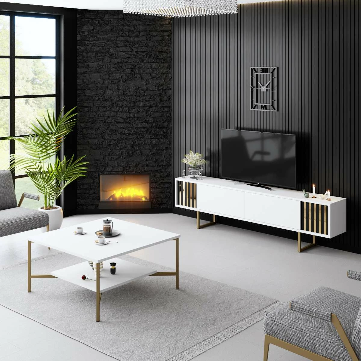 Komoda za TV, Hanah Home Gold Line, bela in zlata