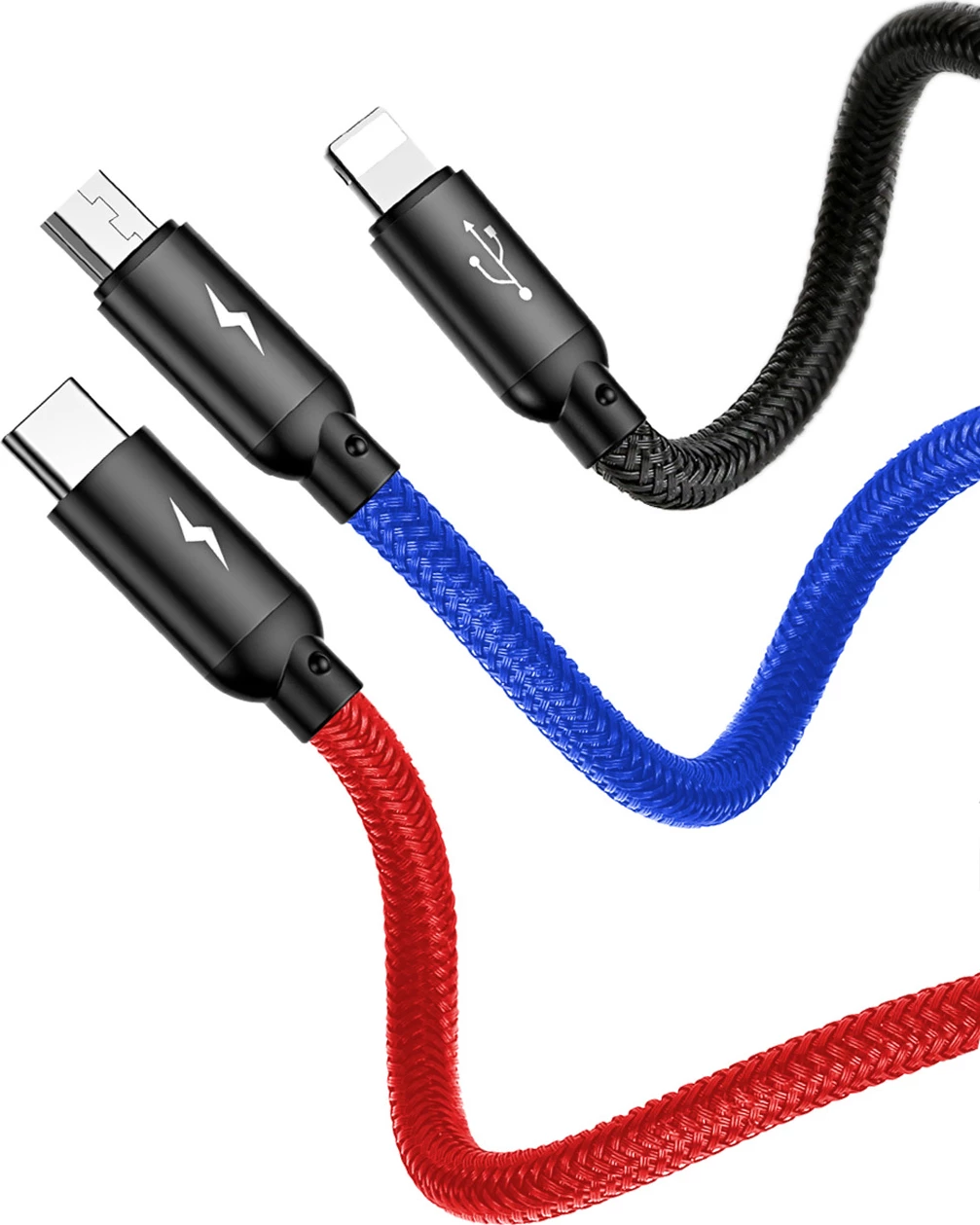 3-v-1 kabel Baseus Three Primary Colors CAMLT-BSY01, 0,3 m, USB-A v micro USB/Lightning/USB-C, črn/rdeč/moder