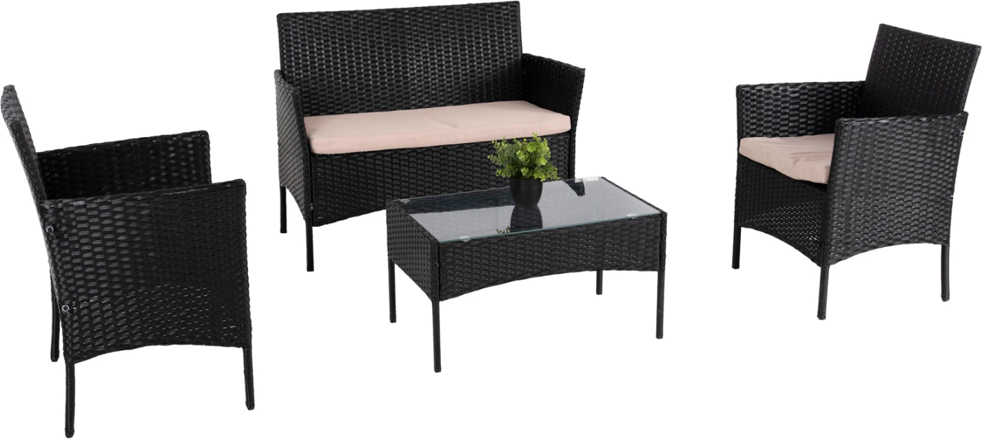 Zunanji lounge set 4 kosi STASIA FH6089.01 sintetični ratan v črni barvi - blazine v barvi kapučina