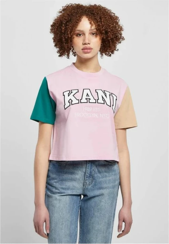 Kratka majica Serif Crop Block Tee W, Karl Kani, za ženske, rožnata in večbarvna