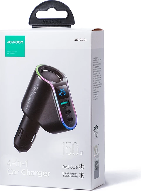 Avtomobilski polnilec Joyroom JR-CL21, 150 W, 3 vrata (USB-A QC3.0, 2× USB-C PD3.0), LED, črn