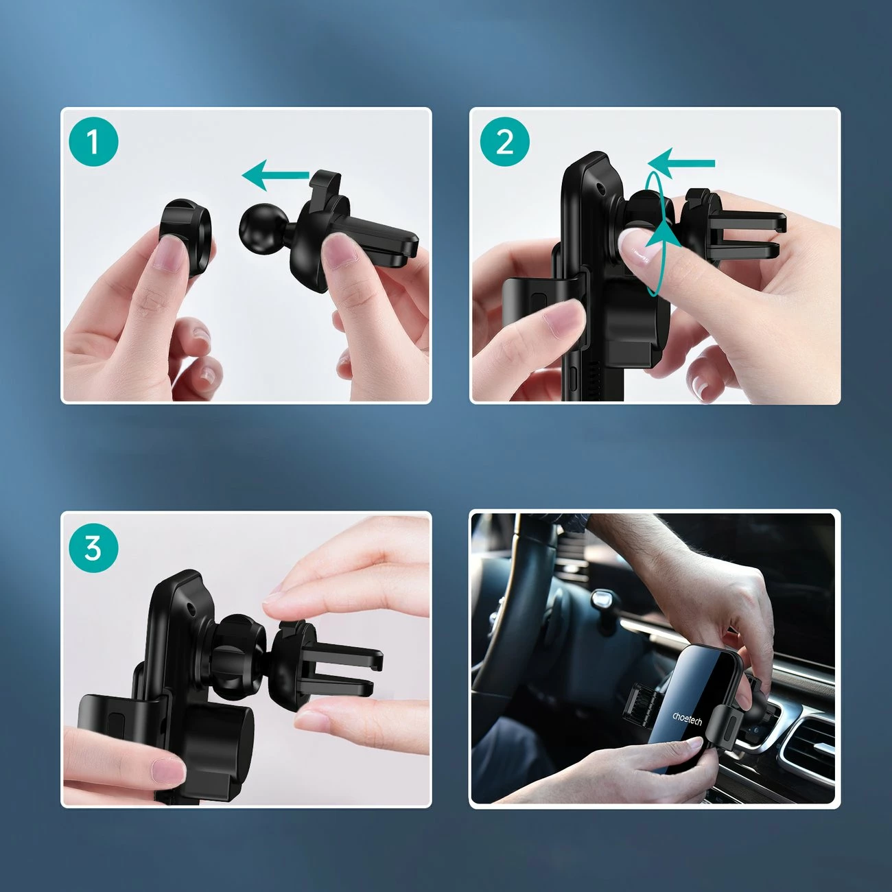 Brezžični polnilec in nosilec Choetech T201-F za avto, z magnetnimi adapterji, črn