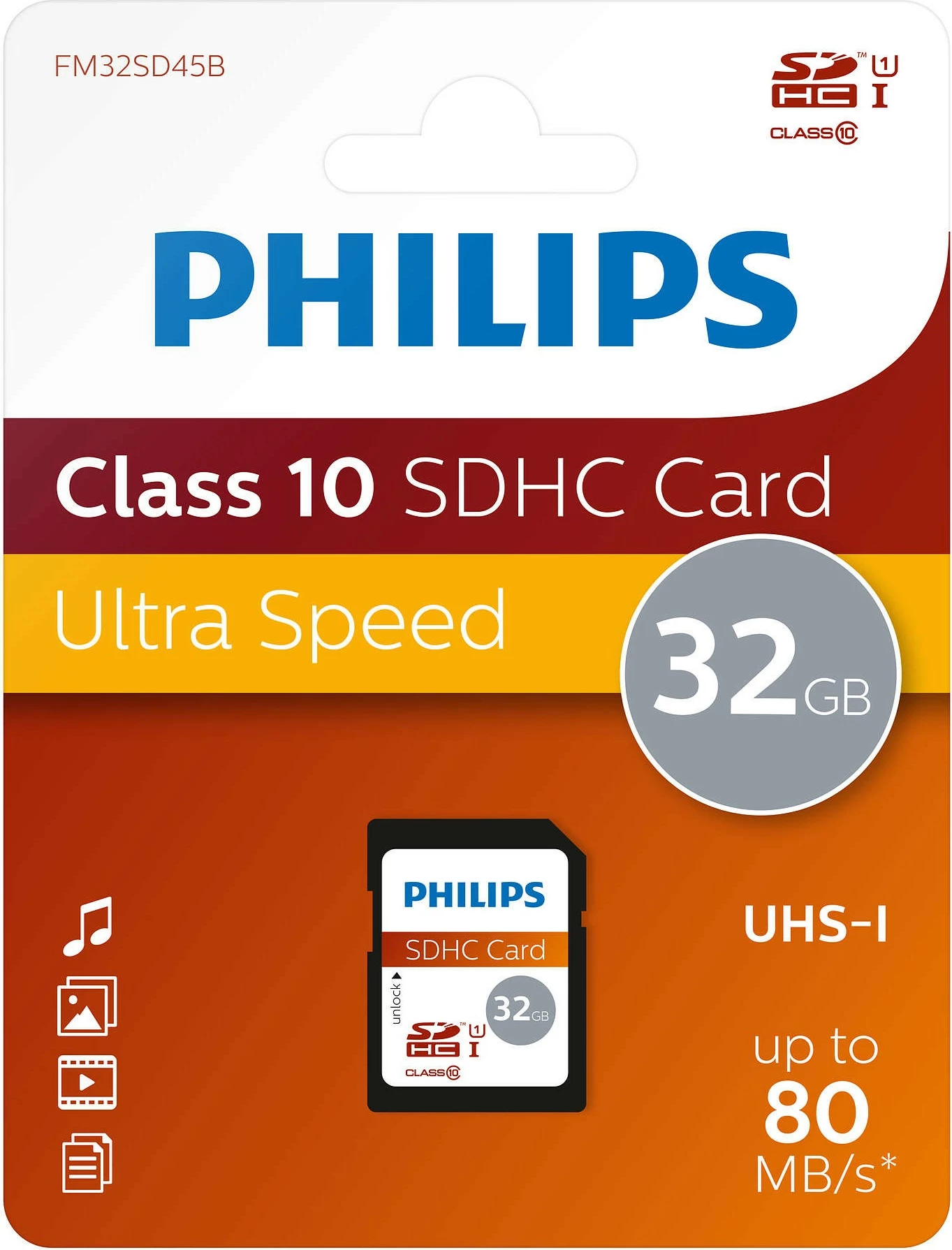 Kartica za pomnilnik 32 GB SDHC Class 10 UHS-I, Philips FM32SD45B/10, večbarvna