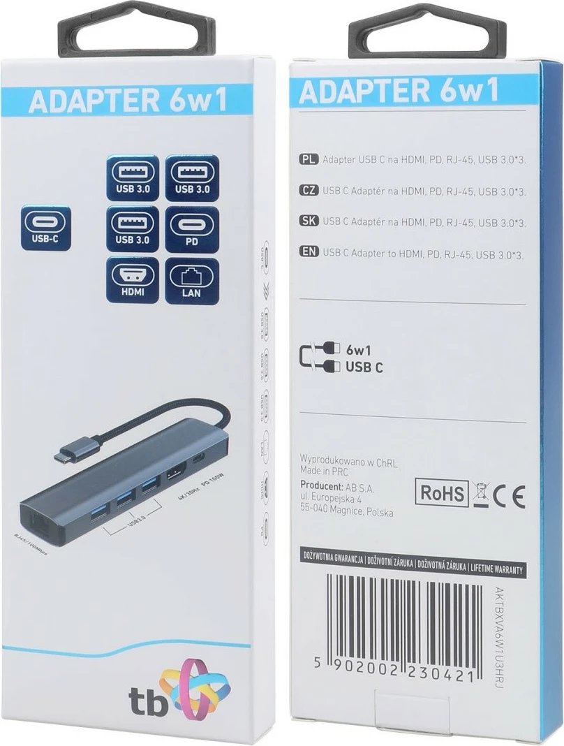 Adapter USB-C 6 v 1 TB, HDMI, 3x USB 3.0, PD, RJ-45, grafit