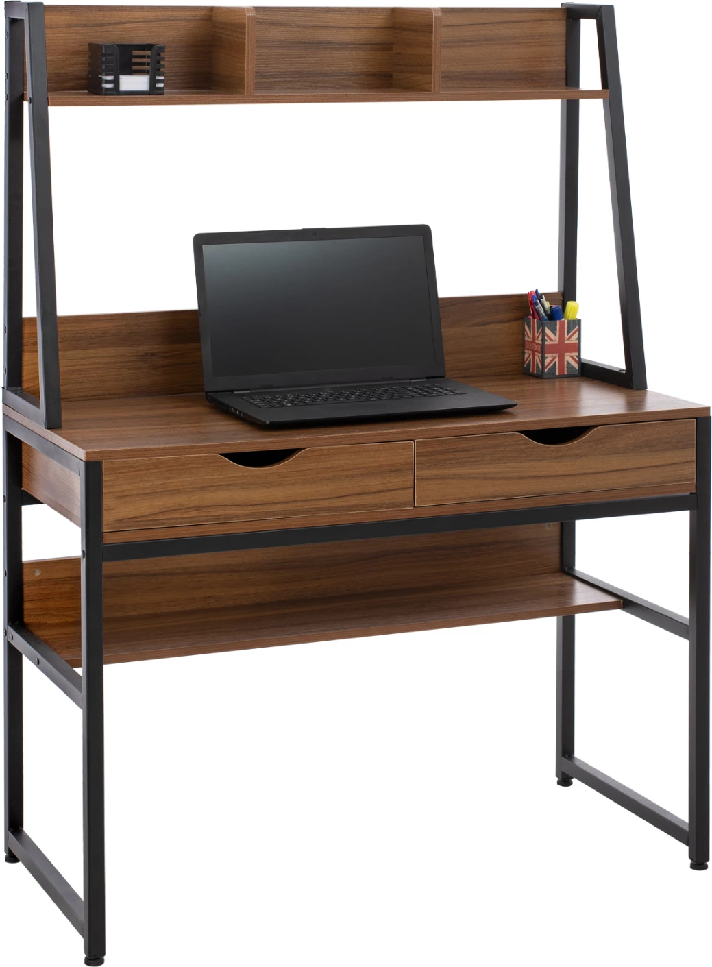 Pisarna z knjižno omaro FH2390.12 melamin v barvi oreha in črni kovinski okvir 100x48x139H cm