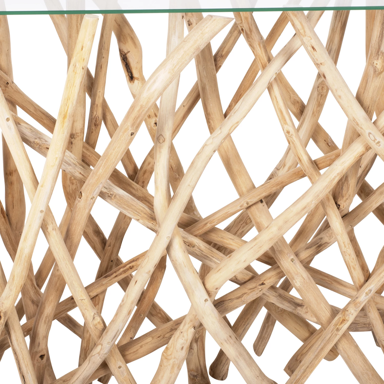 Konzola v rustikalnem stilu iz masivnih vej TEAK naravne barve in stekla 120x35x75H cm