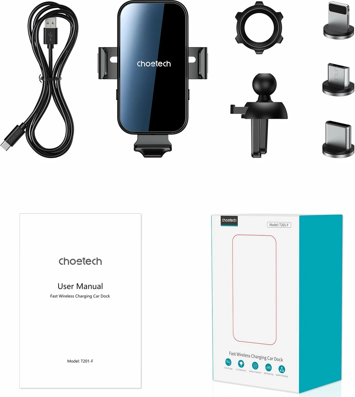 Brezžični polnilec in nosilec Choetech T201-F za avto, z magnetnimi adapterji, črn