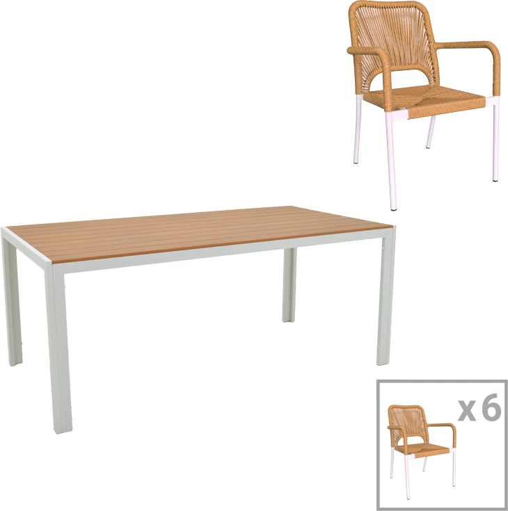 Jedilna miza s stoli, Nares-Norture B komplet 7 kosov, aluminij in vezana plošča, bela in naravna, 180x90x72.5 cm