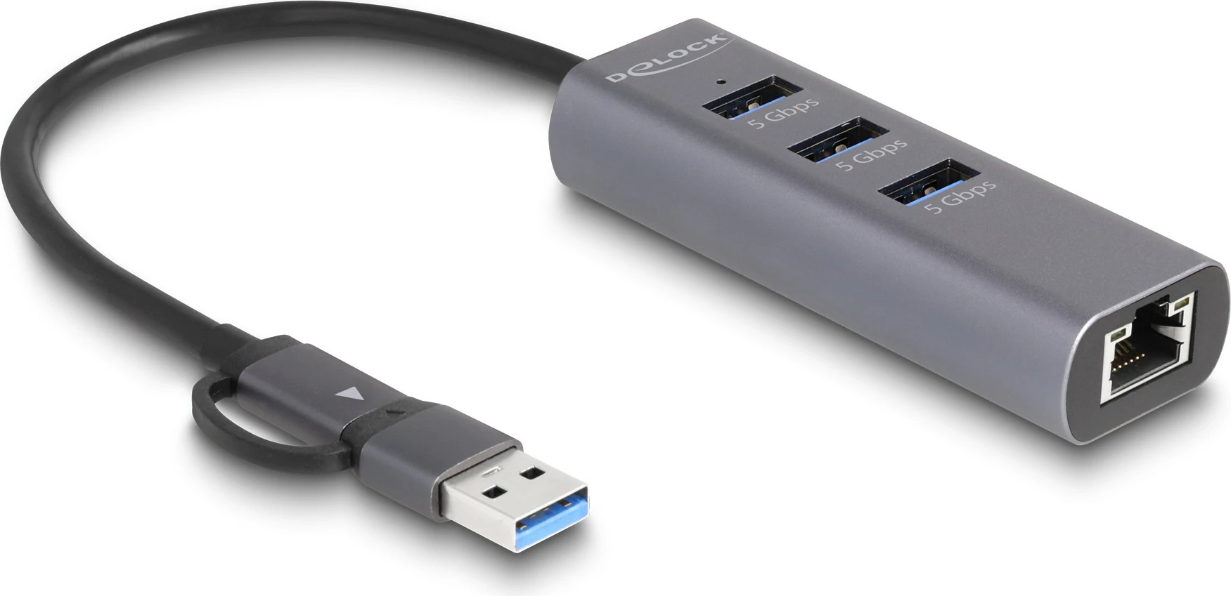 USB razdelilec s 3 vrati in LAN DeLOCK, USB 3.2 Gen 1, Type-C/Type-A, 5 Gbps, kovinski, sivi