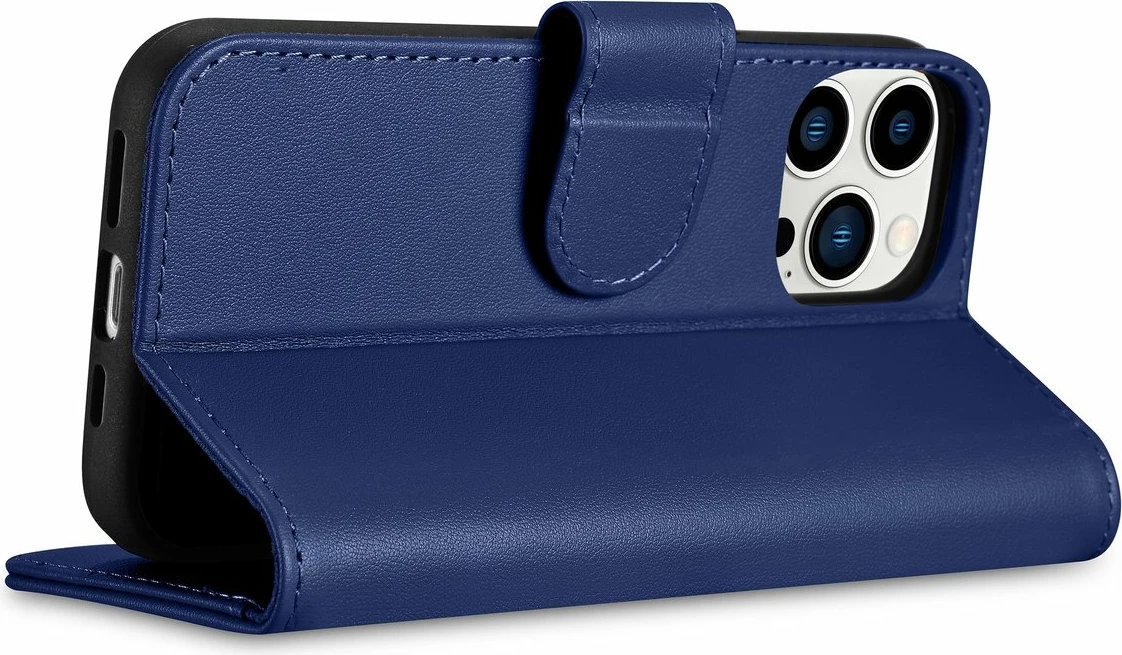 Ovitek za telefon 2-v-1 z denarnico, naravno usnje, Anti-RFID, modra, iCarer Wallet Case za iPhone 14 Pro