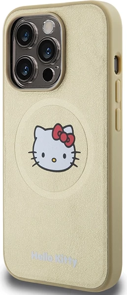 Ovitek za telefon z motivom Hello Kitty Leather Kitty Head MagSafe za iPhone 15 Pro Max, okolju prijazno umetno usnje, zlata