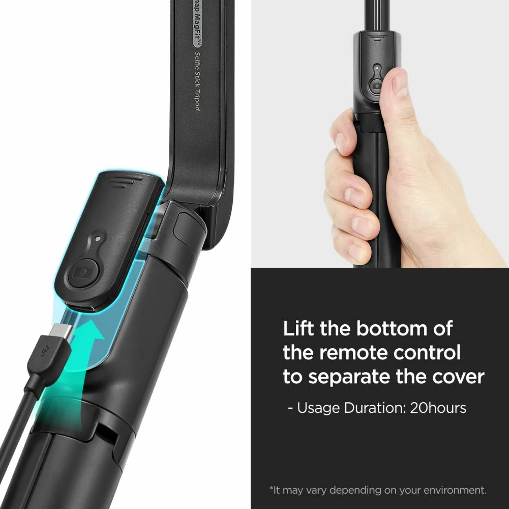 Selfie palica s MagSafe, Bluetooth, zložljiv tronožec Spigen S580W, črn