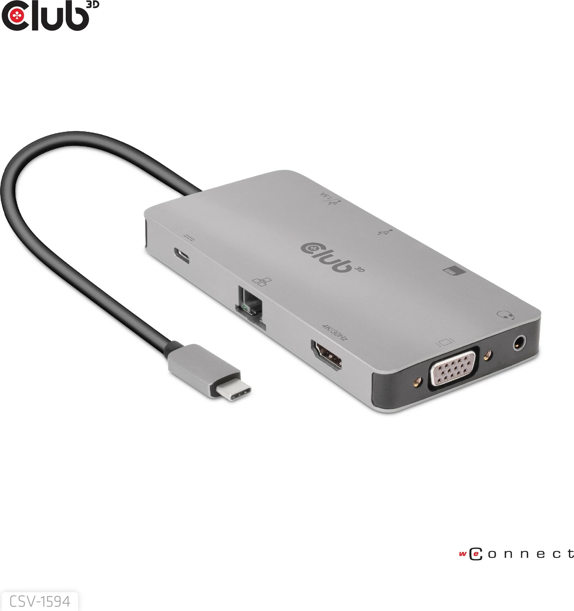 USB-C HUB 9in1 z HDMI, VGA, 2×USB, RJ45, SD — Club3D, 100W, črno/siv