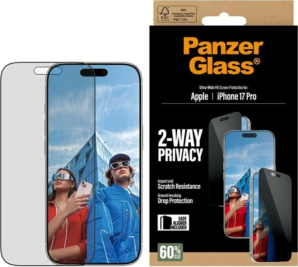 Zaščitno steklo za zasebnost, PanzerGlass Ultra-Wide Fit EasyAligner za iPhone 17 Pro, črn
