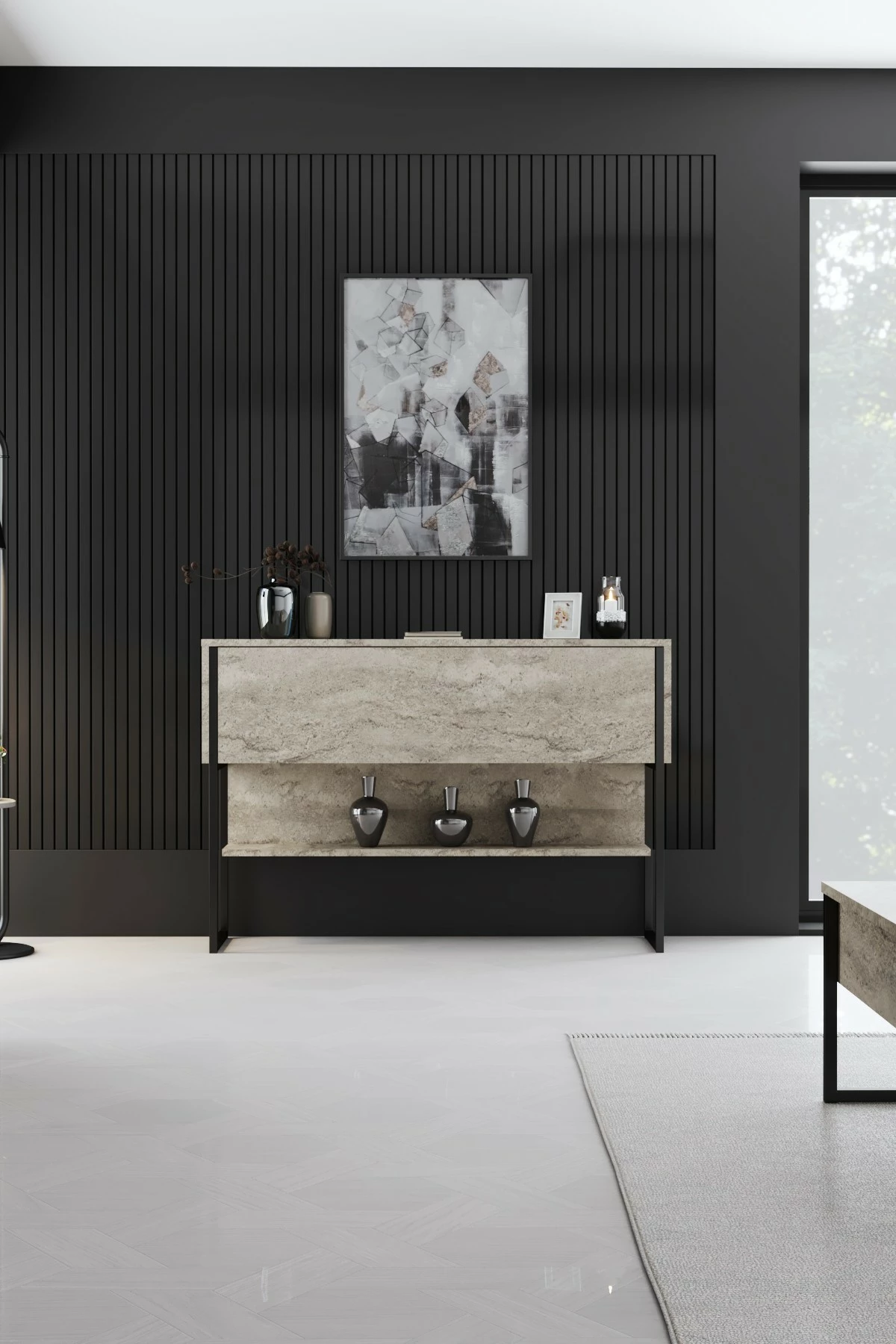 Komoda Luxe, travertin, črna, Hanah Home