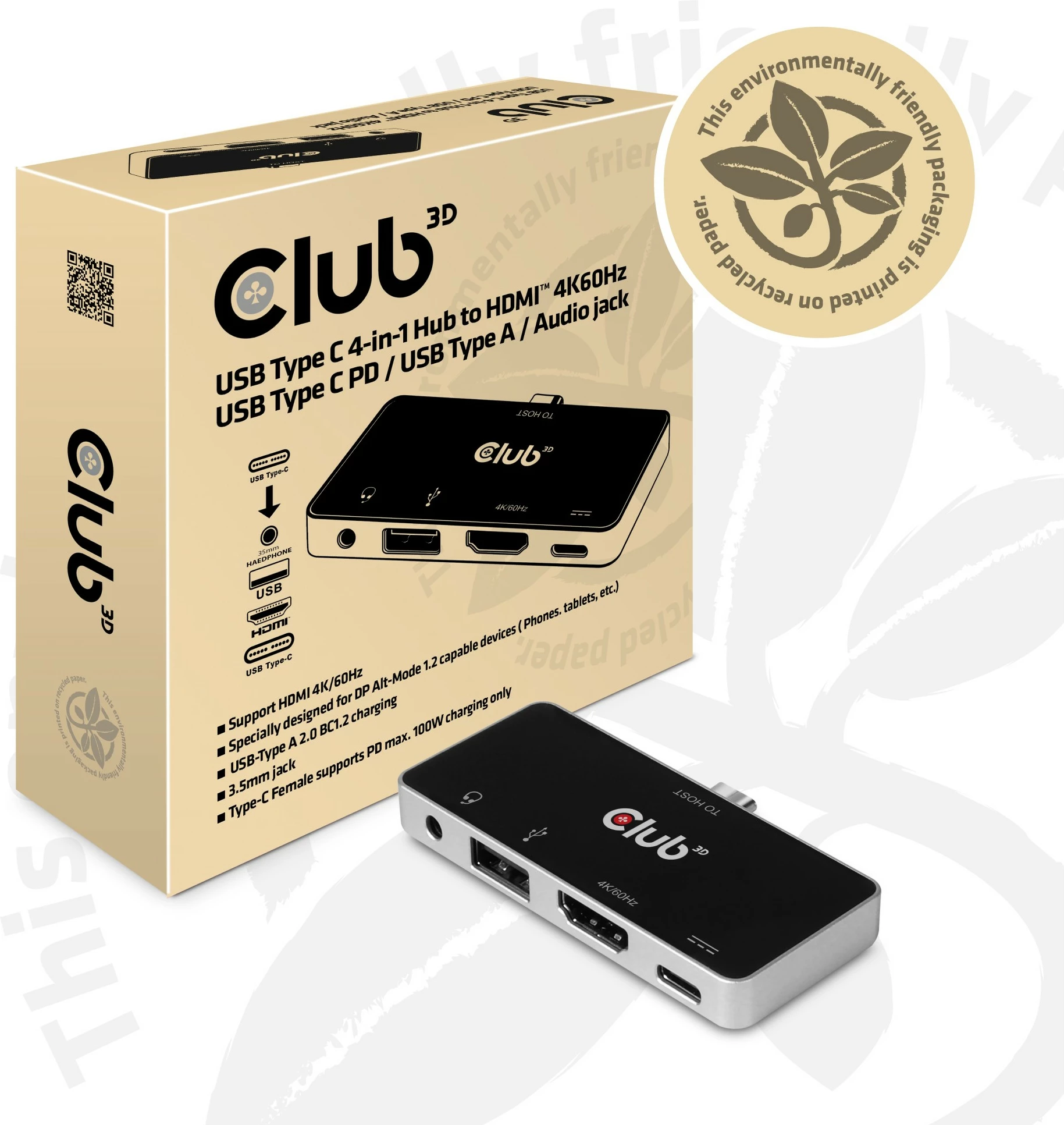 USB-C razširitveni HUB 4v1 Club3D, HDMI 4K60Hz, USB-A, USB-C, avdio, črn/krom