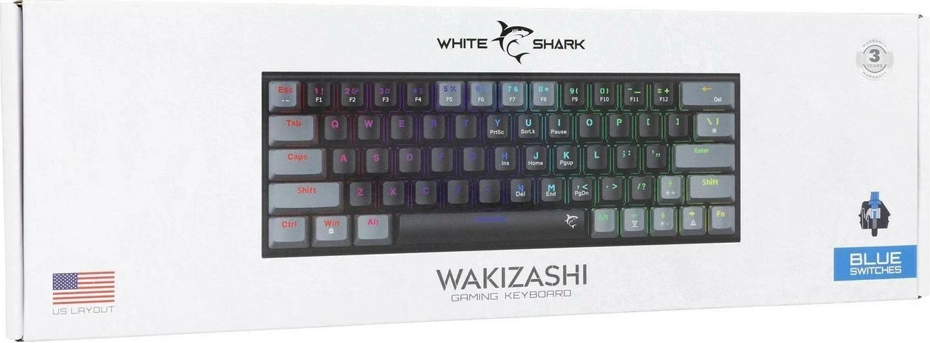 Mekanična igralna tipkovnica 65% White Shark Wakizashi-2, RGB, blue switch, črno-siva
