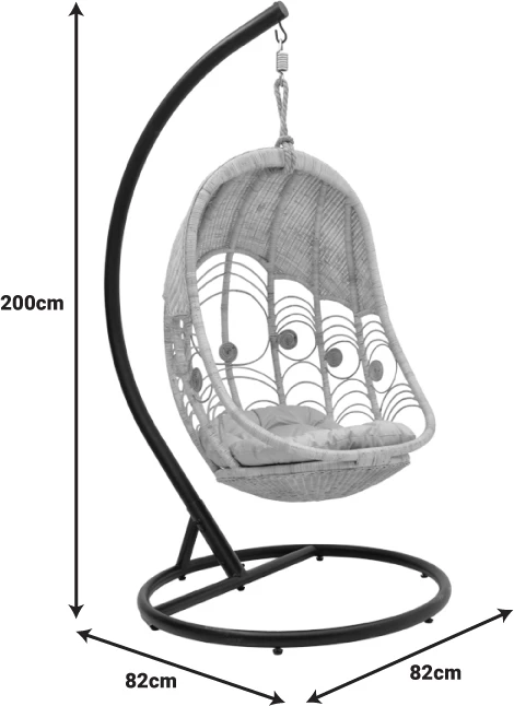 Viseča gugalnica rattan, Labreone, naravna barva - črn metal - bež blazina, 82x82x200 cm