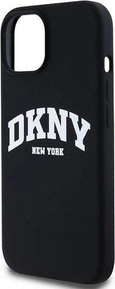 Ovitek za telefon iz tekočega silikona, DKNY, z belim logotipom, MagSafe, za iPhone 15 Plus / 14 Plus, črn