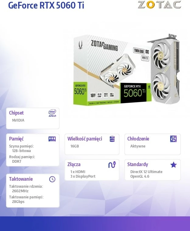 Grafična kartica ZOTAC GeForce RTX 5060 Ti Twin Edge OC, 16 GB GDDR7, 128-bit, PCIe 5.0 x8, bela