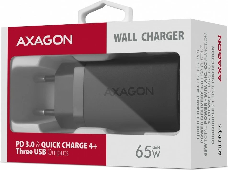 GaN polnilec AXAGON ACU-DPQ65, 65W, 3 vhodi (USB-A + 2× USB-C), črn
