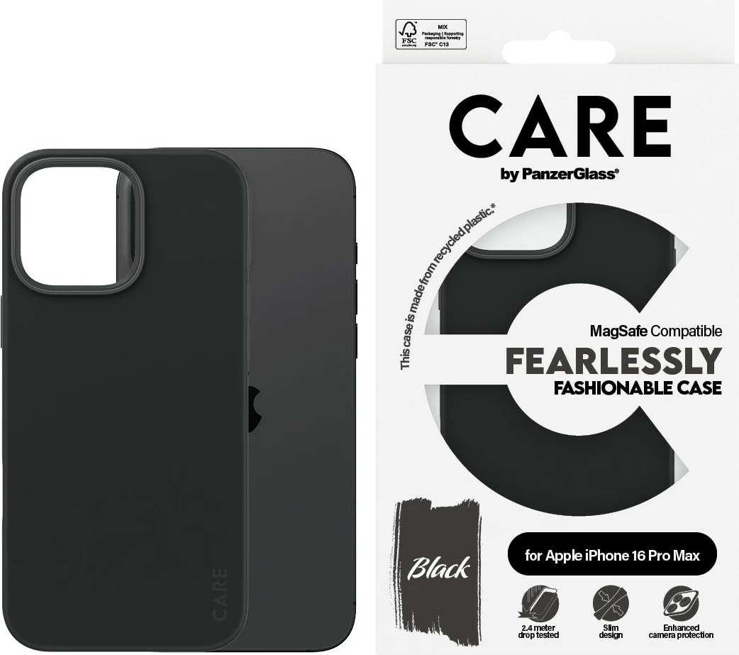Modna zaščita PanzerGlass CARE Case Fashion MagSAFE za iPhone 16 Pro Max, črn