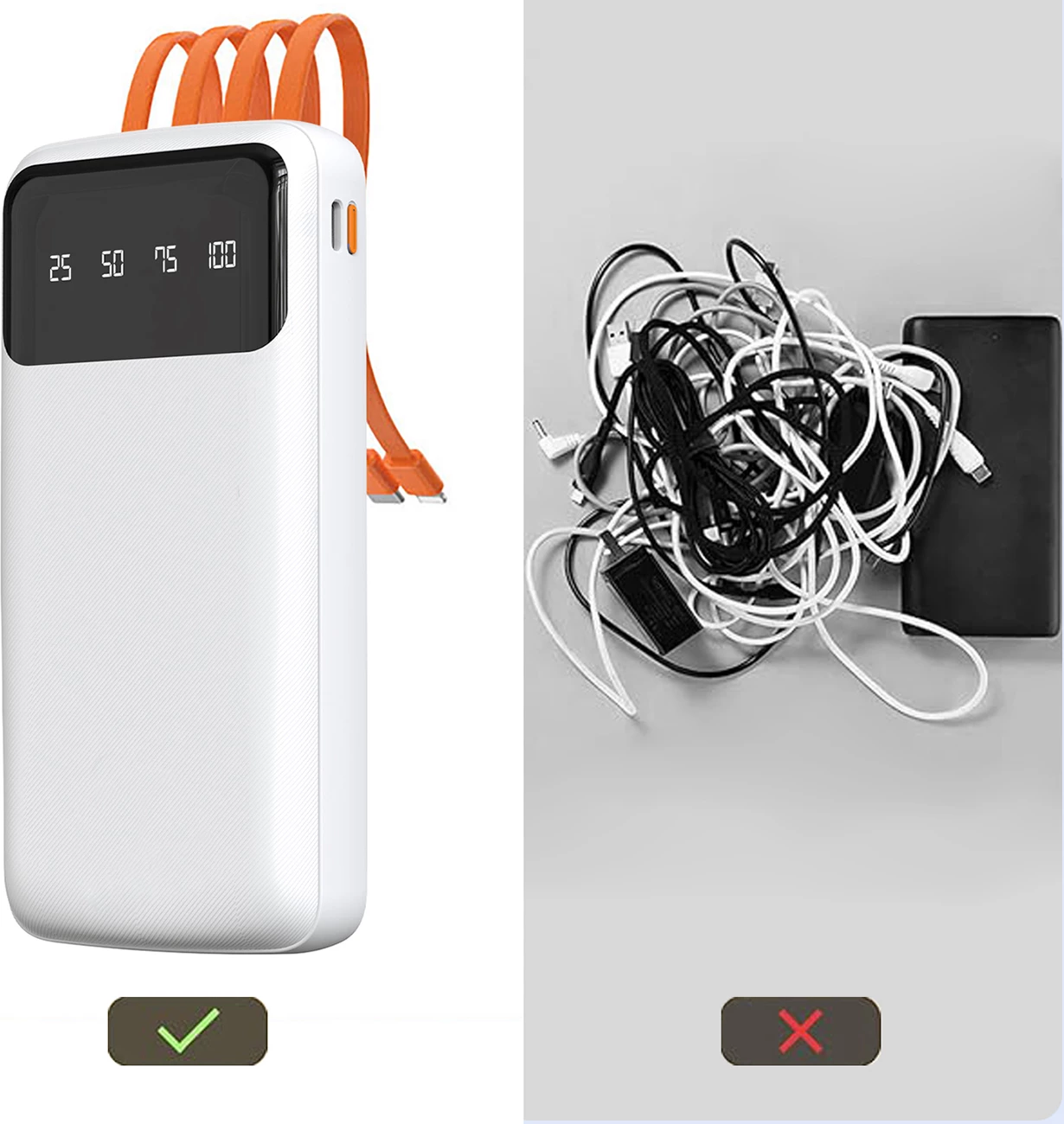 Powerbank 10.000 mAh z vgrajenimi kabli, Dudao K6Pro, bel