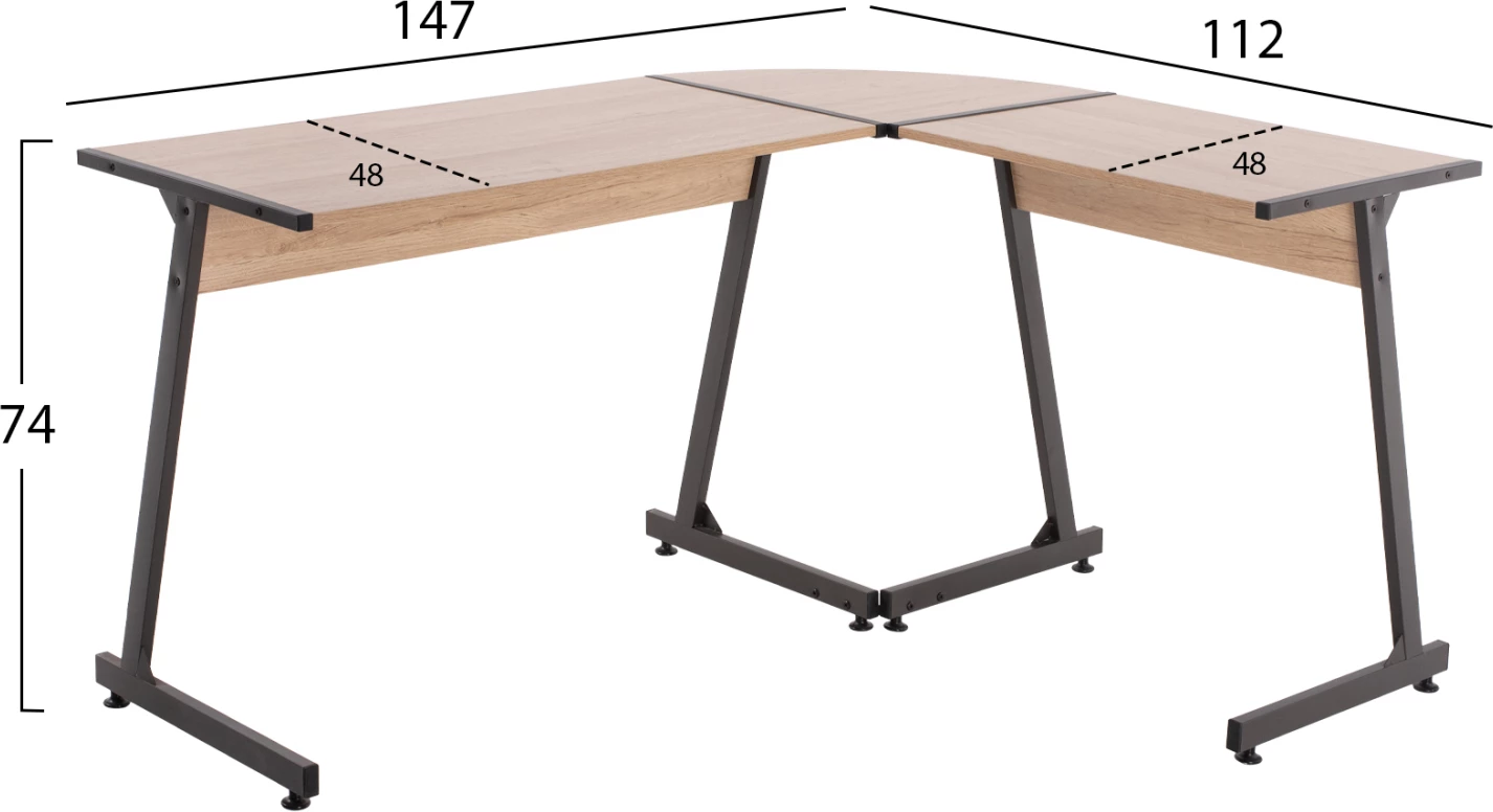 Kotna pisalna miza FH9319 temno siva kovinski okvir in MDF namizje v barvi hrasta 147X112X74Hcm
