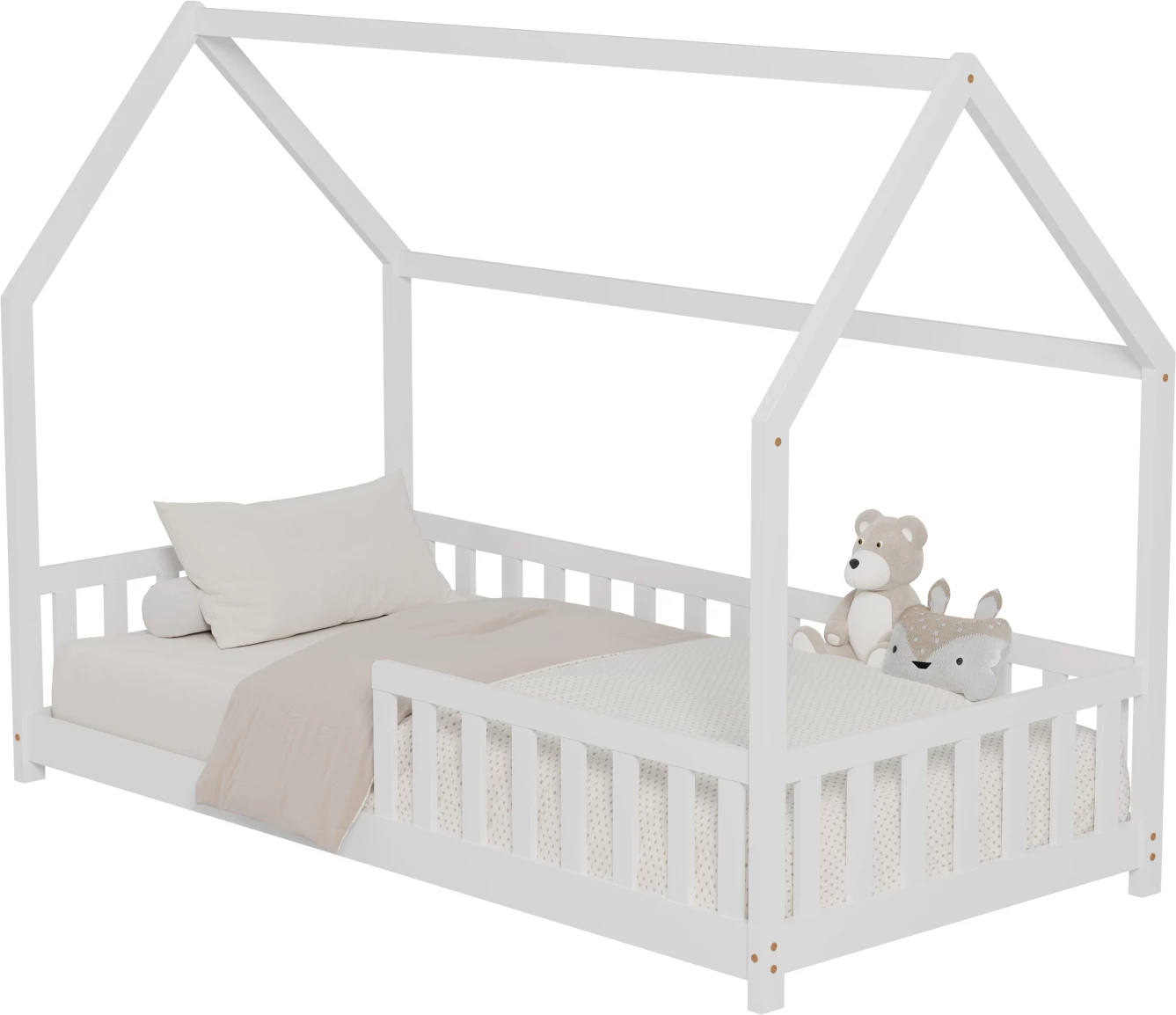 Postelja za otroke z ograjo PHYLLIS FH679.03 t.MONTESSORI iz masivnega borovega lesa v beli barvi - 190x90cm