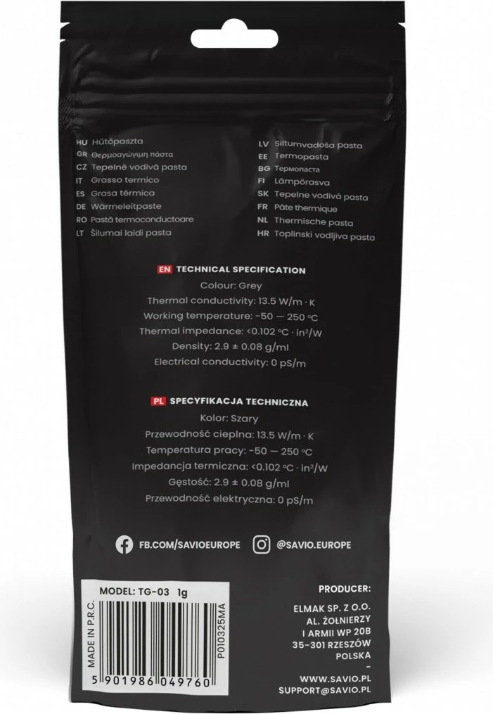 Termalna pasta Savio Glacier TG-03, 1 g, 13,5 W/mK, siva