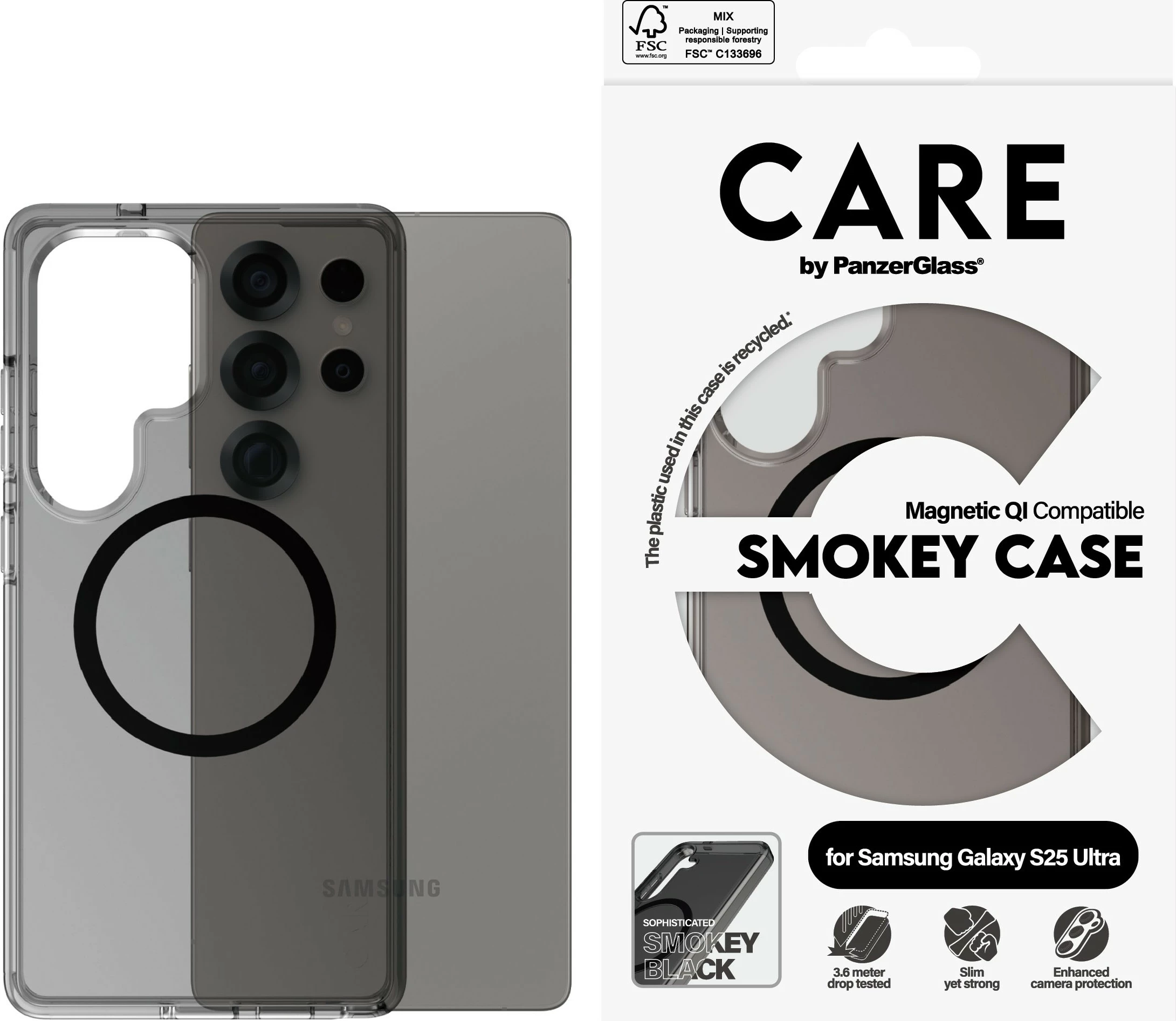 Zaščitni ovitek PanzerGlass CARE Flagship, Galaxy S25 Ultra, QI kompatibilen, smokey/črn