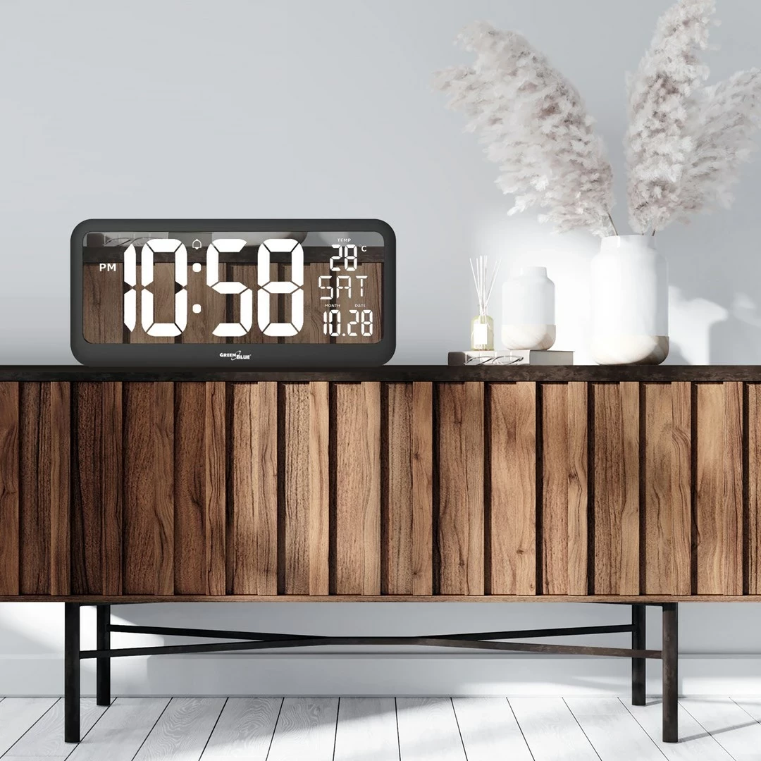 Velik digitalni zidni/namizni časomer Maclean GB214, s temperaturnim senzorjem, 37x17 cm, črn