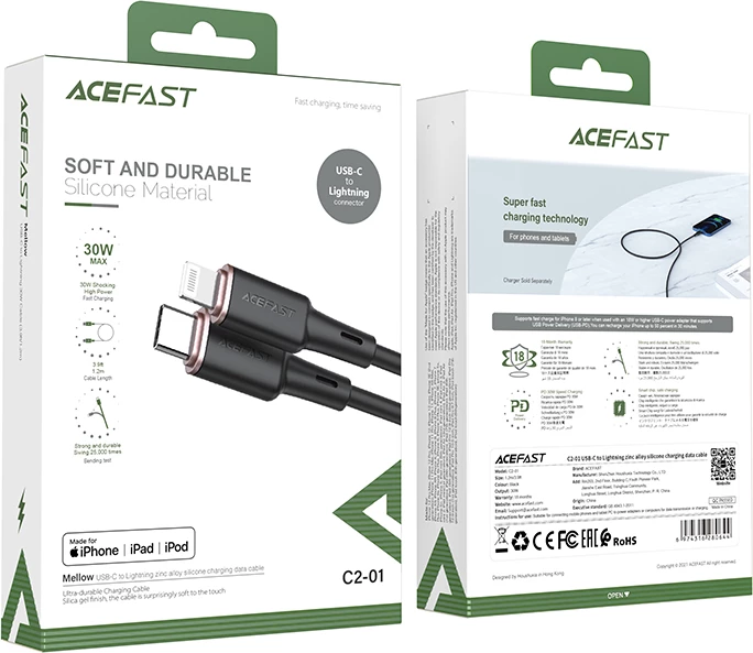 Kabel USB Type-C na Lightning, 1,2 m, 30 W, črn Acefast C2-01