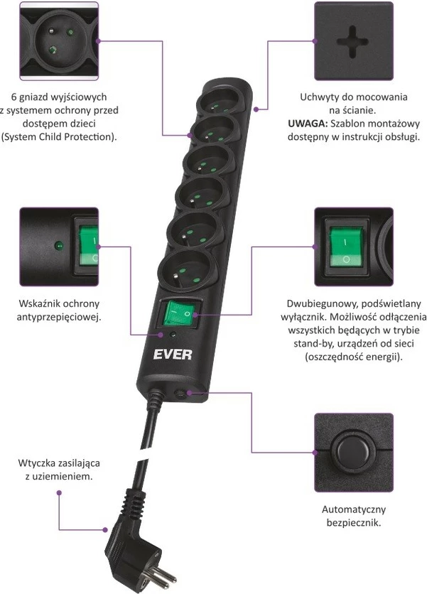 Razdelilnik z zaščito pred preobremenitvijo EVER Optima, 6 vtičišč, 3 m, črn