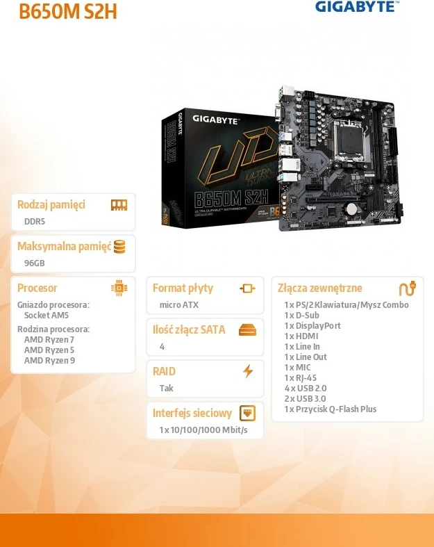 Matična plošča Gigabyte B650M S2H, podnožje AM5, micro ATX
