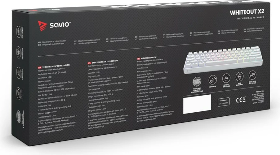 Mehanska tipkovnica, 61 tipk, OUTEMU Blue, RGB, bela — Savio Whiteout X2