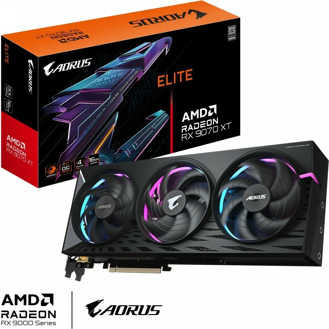 Grafična kartica Radeon RX 9070 XT AORUS ELITE Gigabyte, 16 GB GDDR6, 256-bit, 3 ventilatorji, črna