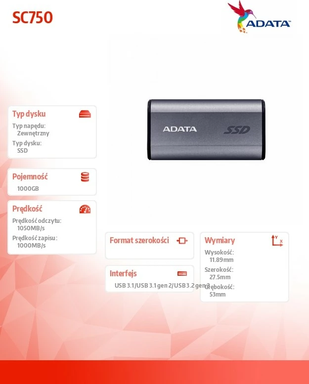 Zunanji SSD 1000 GB, USB 3.2, titan, Adata SC750