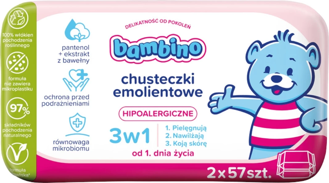 Vlažne robčke 3-v-1 emolient, Bambino, 2x57 kos