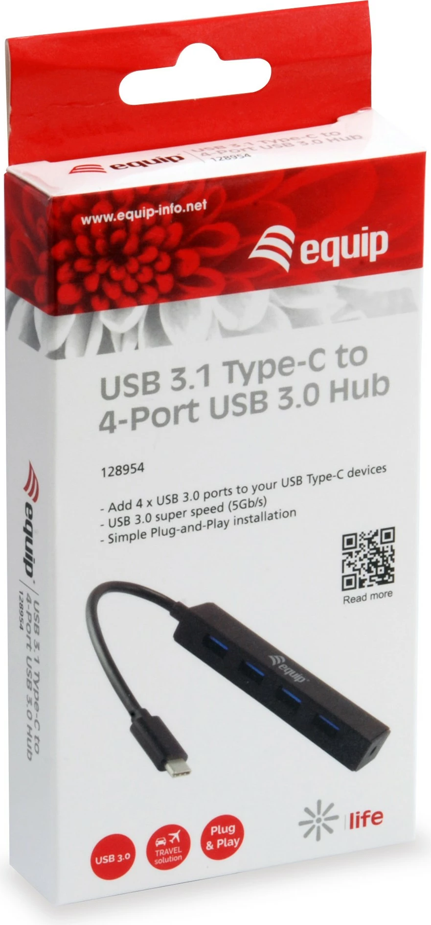 USB razširitveni hub, 4 USB 3.2 Gen 1 Type-A porte, Type-C na Type-A, Equip 128954, črn