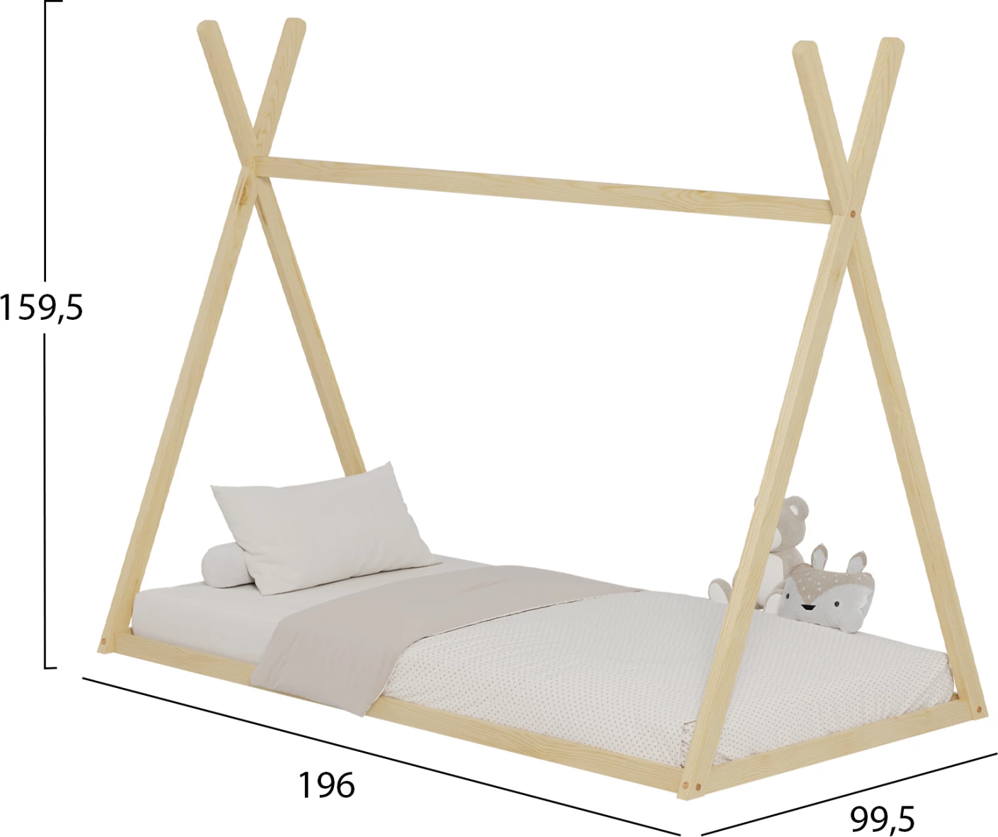 Postelja za otroke MUNK FH681.01 t.MONTESSORI iz masivnega borovega lesa v naravni barvi za vzmetnico 190x90cm