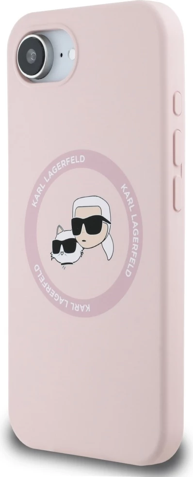 Ovitek za telefon iz silikona z motivom Karl & Choupette, MagSafe, roza — Karl Lagerfeld za iPhone 16e