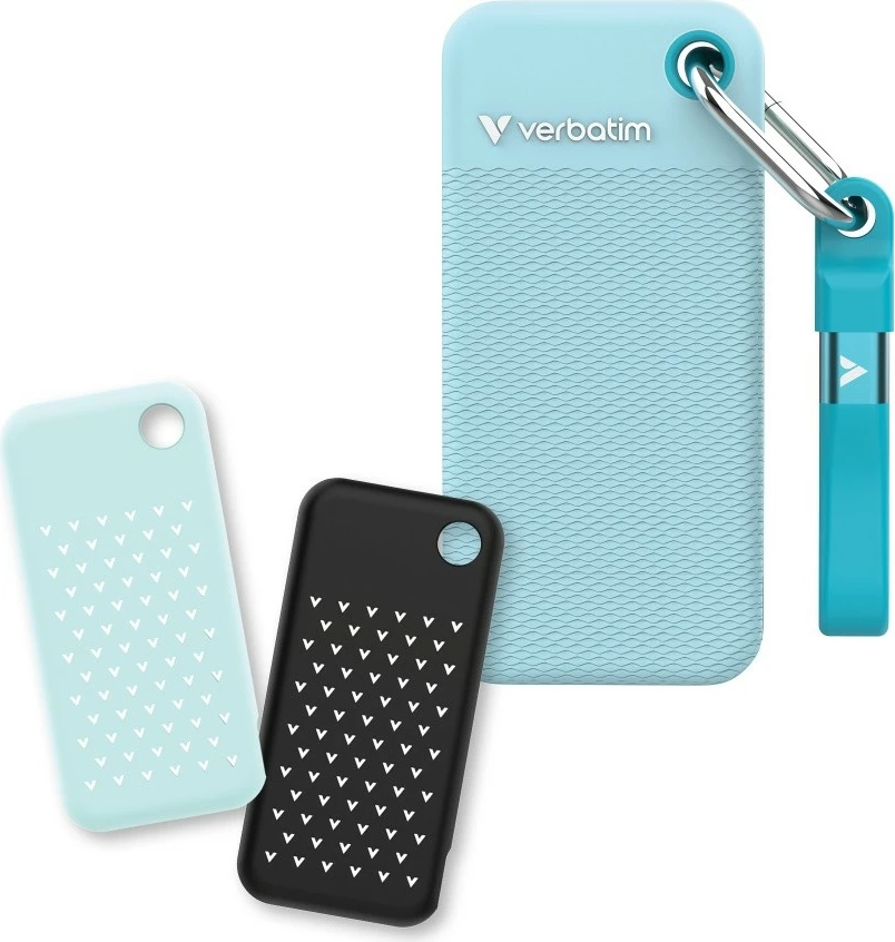 Zunanji SSD Verbatim Pocket SSD Summer Edition 32324, 1TB, M.2, USB‑C 3.2 Gen 2 do 1000 MB/s, moder, komplet s 2 gumijastima pokrovčkoma/kablom/priveskom/torbico