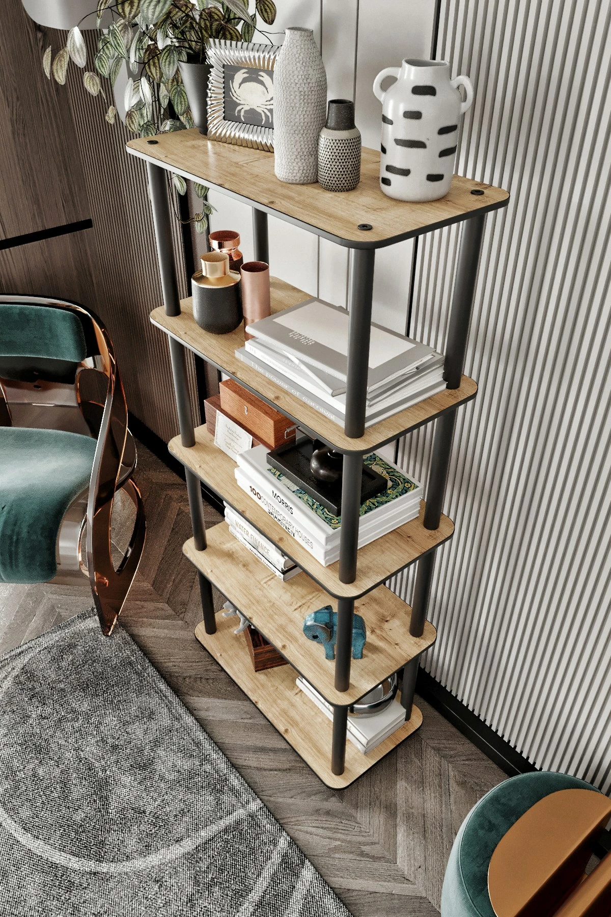 Knjižni regal, 5 polic, hrast Skye Decor